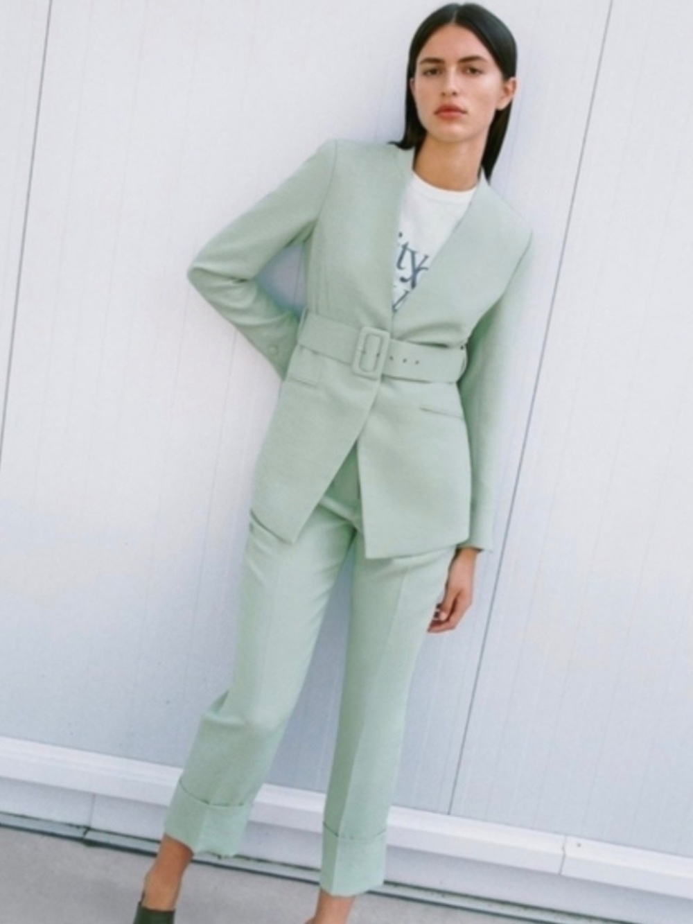 Zara Lapelless Mint Green Belted Blazer Blogger’s Favorite Size S MSRP $128 - Picture 2 of 11